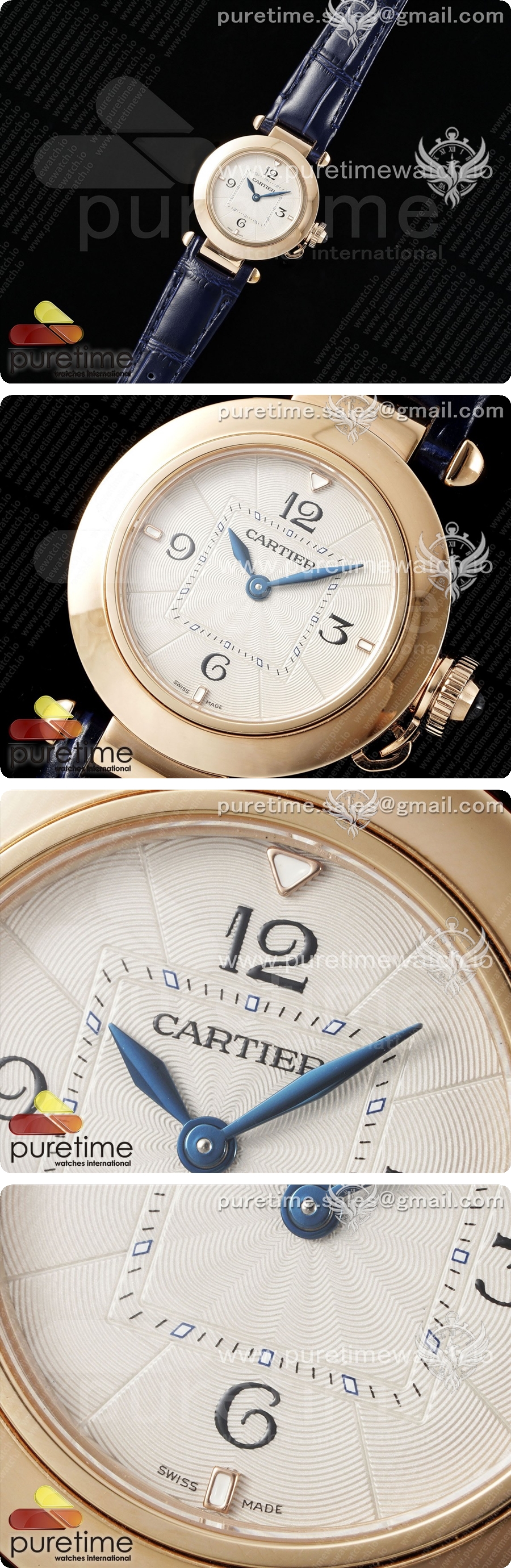 까르띠에 파샤 30mm 로즈골드 AF 1:1 베스트 에디션 화이트 텍스처 다이얼 딥 블루 가죽 스트랩 Jaq 쿼츠 상세이미지 2