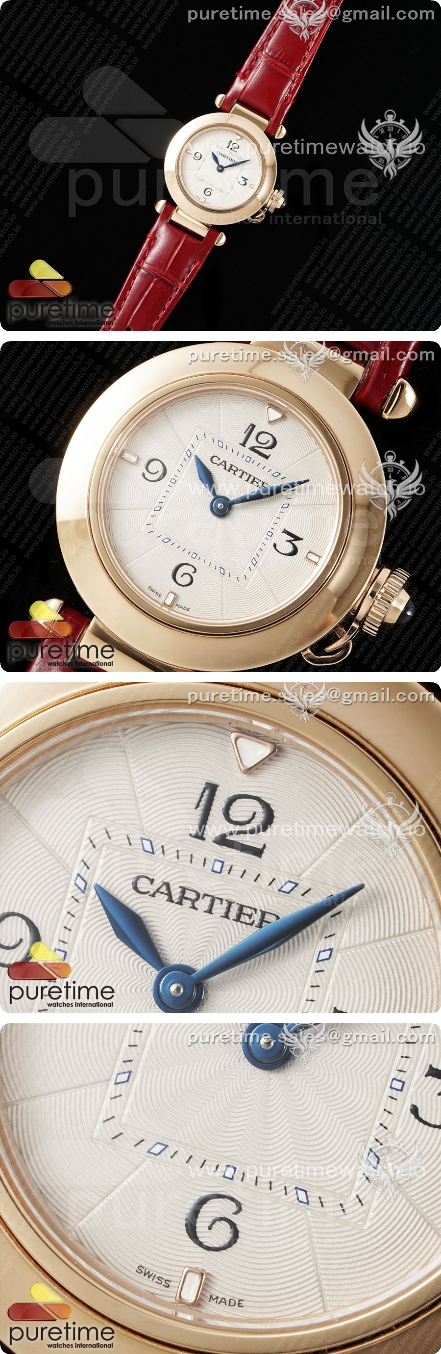 까르띠에 파샤 30mm 로즈골드 AF 1:1 베스트 에디션 화이트 텍스처 다이얼 레드 가죽 스트랩 Jaq 쿼츠 상세이미지 2