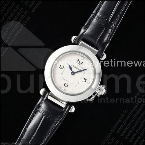 까르띠에 파샤 30mm 스테인리스 스틸 AF 1:1 베스트 에디션 화이트 텍스처 다이얼 블랙 가죽 스트랩 Jaq 쿼츠 시계