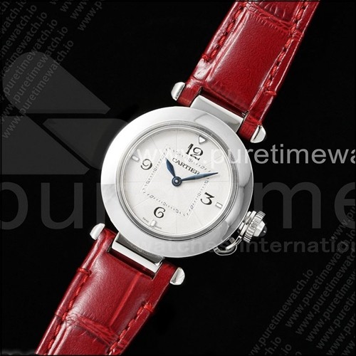 까르띠에 파샤 30mm 스테인리스 스틸 AF 1:1 베스트 에디션 화이트 텍스처 다이얼 레드 가죽 스트랩 자크 쿼츠