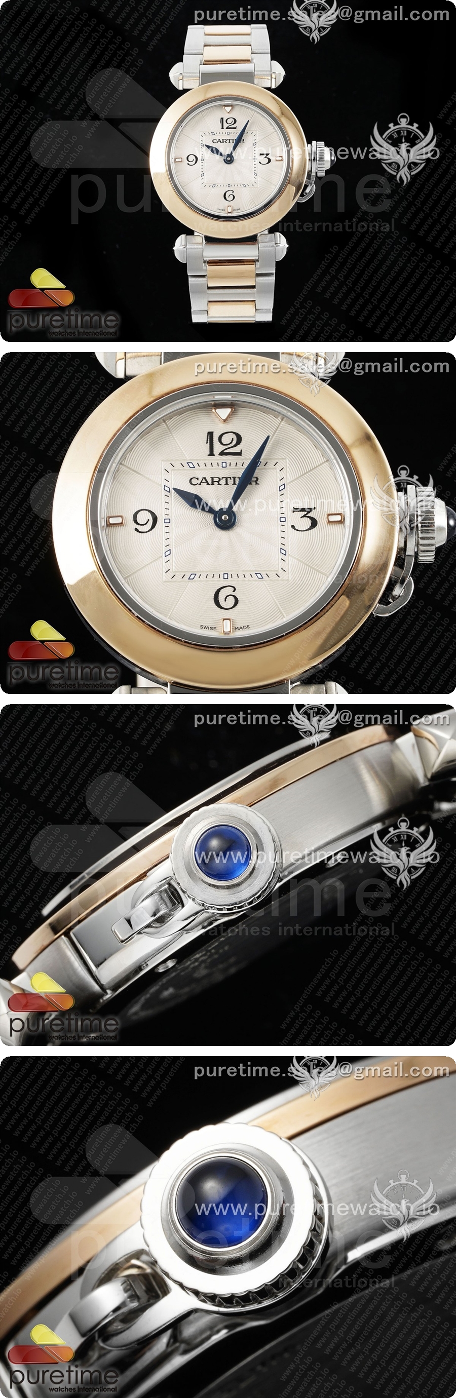 까르띠에 파샤 30mm 실버/로즈골드 AF 1:1 베스트 에디션 화이트 텍스처 다이얼 SS/RG 브레이슬릿 Jaq 쿼츠 시계 상세이미지 3