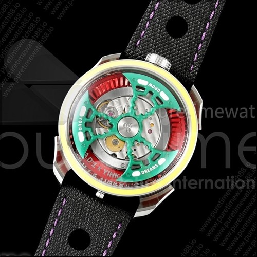 MB&F MAD1.SS K11F 1:1 옐로우 베젤, 그린 로터, 블랙 가죽 스트랩, 미요타 821A